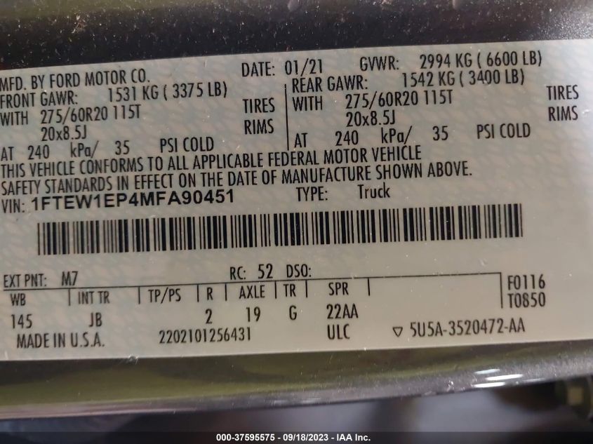 2021 FORD F-150 XL/XLT/LARIAT - 1FTEW1EP4MFA90451