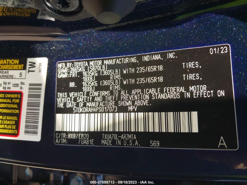 2023 TOYOTA HIGHLANDER L/LE/XLE/XSE/LIMITED - 5TDKDRAH4PS017073