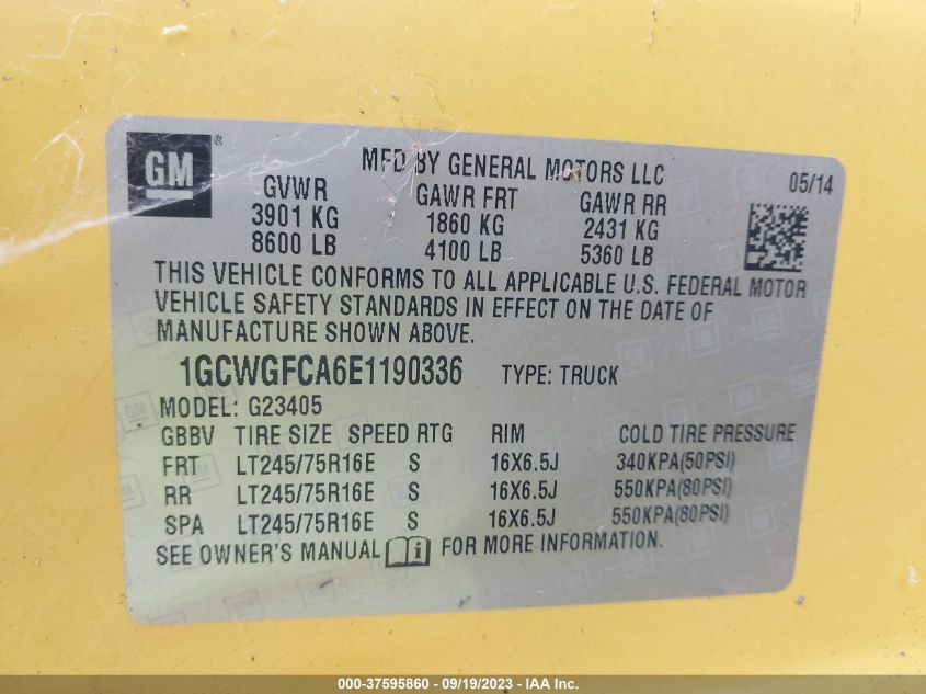 2014 CHEVROLET EXPRESS 2500 WORK VAN 1GCWGFCA6E1190336