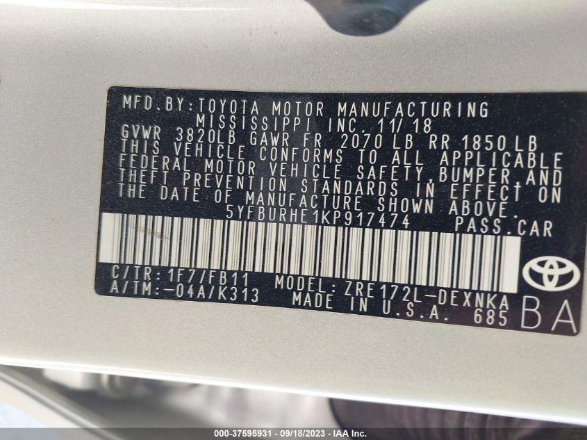 2019 TOYOTA COROLLA L/LE/XLE/SE/XSE - 5YFBURHE1KP917474