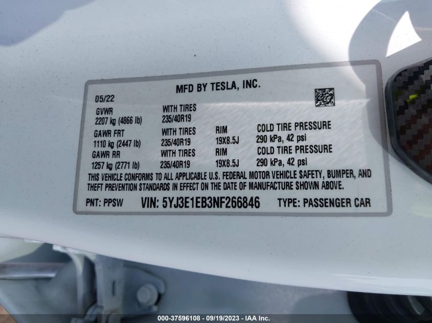 2022 TESLA MODEL 3 LONG RANGE - 5YJ3E1EB3NF266846