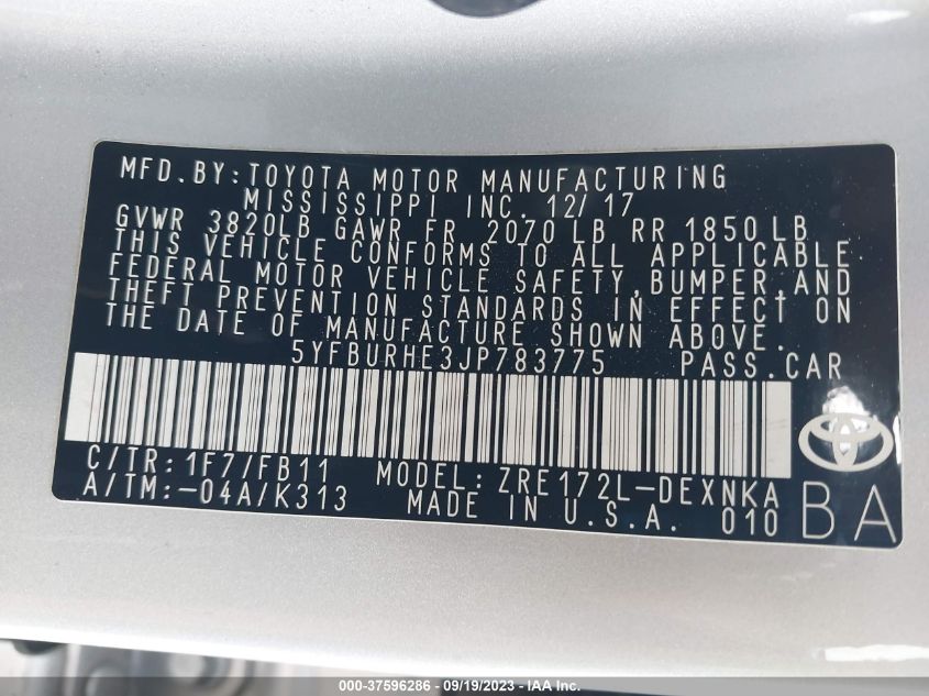 2018 TOYOTA COROLLA L/LE/XLE/SE/XSE - 5YFBURHE3JP783775