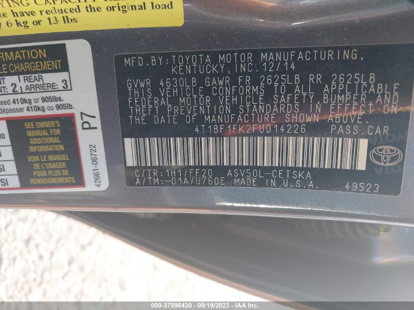 2015 TOYOTA CAMRY XLE/SE/LE/XSE - 4T1BF1FK2FU014226