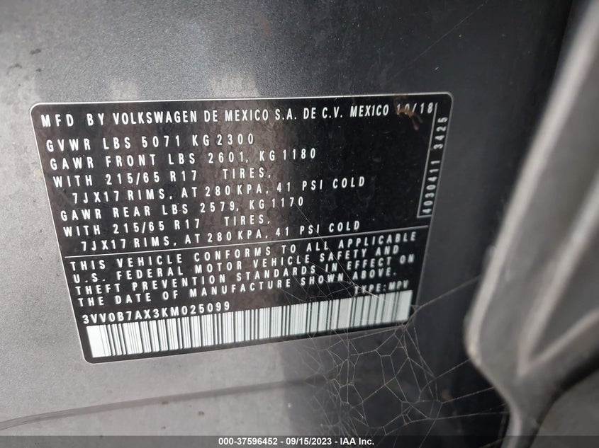 VIN 3VV0B7AX3KM025099 2019 VOLKSWAGEN TIGUAN S