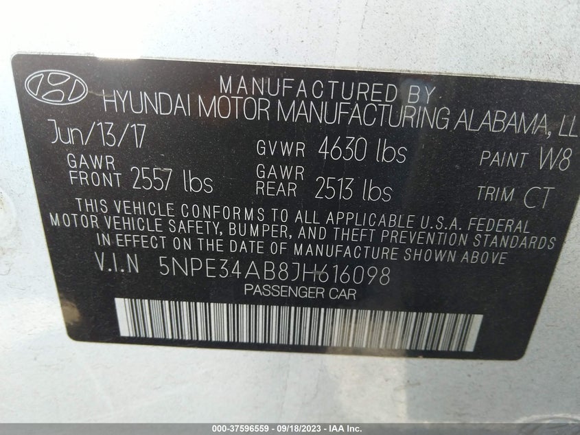 VIN 5NPE34AB8JH616098 2018 HYUNDAI SONATA SPORT/LIMITED/SEL