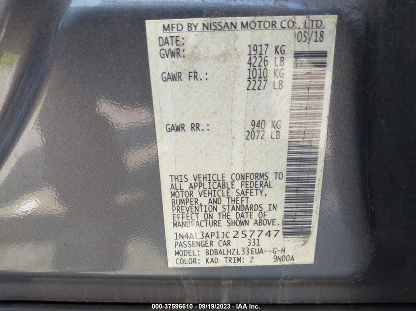 VIN 1N4AL3AP1JC257747 2018 NISSAN ALTIMA 2.5 SR