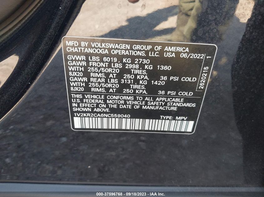 2022 VOLKSWAGEN ATLAS 3.6L V6 SE W/TECHNOLOGY - 1V2KR2CA6NC559040