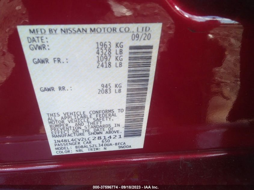 2020 NISSAN ALTIMA SR - 1N4BL4CV2LC281421