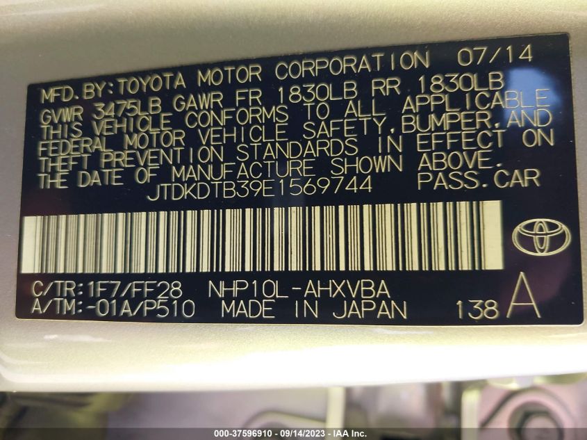 2014 TOYOTA PRIUS C ONE/THREE/TWO/FOUR - JTDKDTB39E1569744