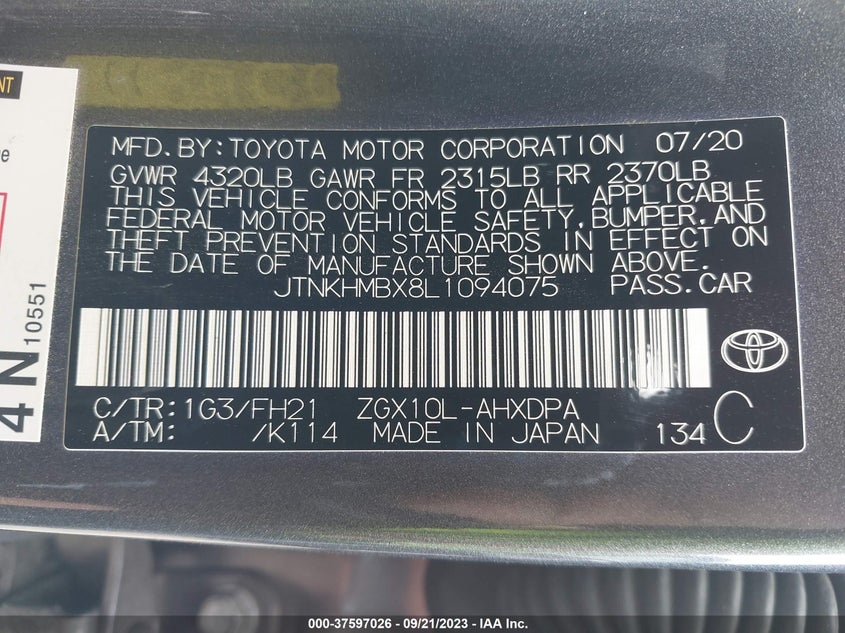 VIN JTNKHMBX8L1094075 2020 TOYOTA C-HR LE/XLE/LIMITED