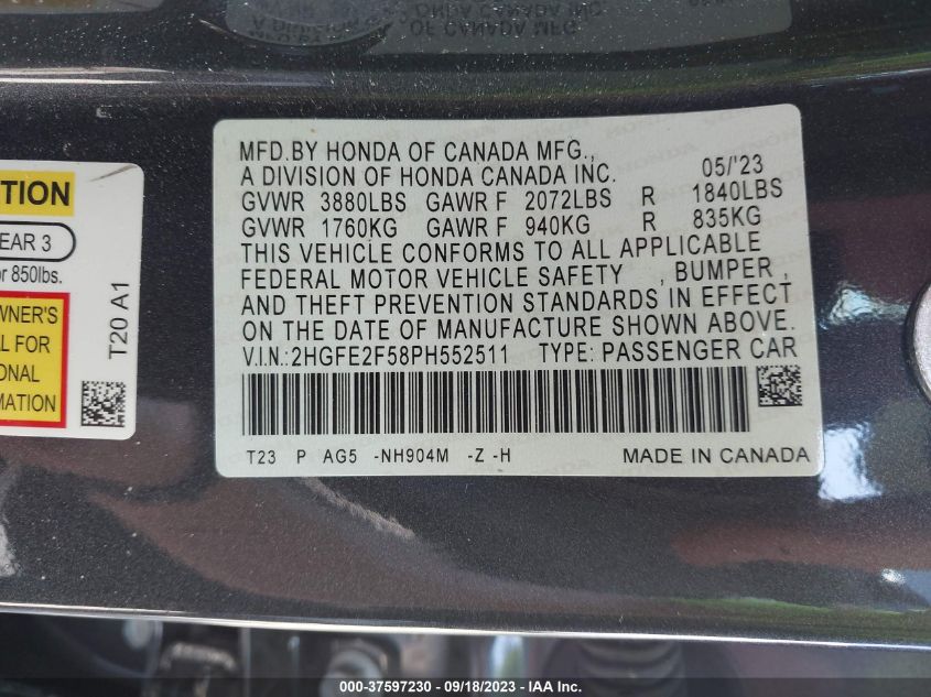 2HGFE2F58PH552511 Honda Civic Sedan SPORT 9