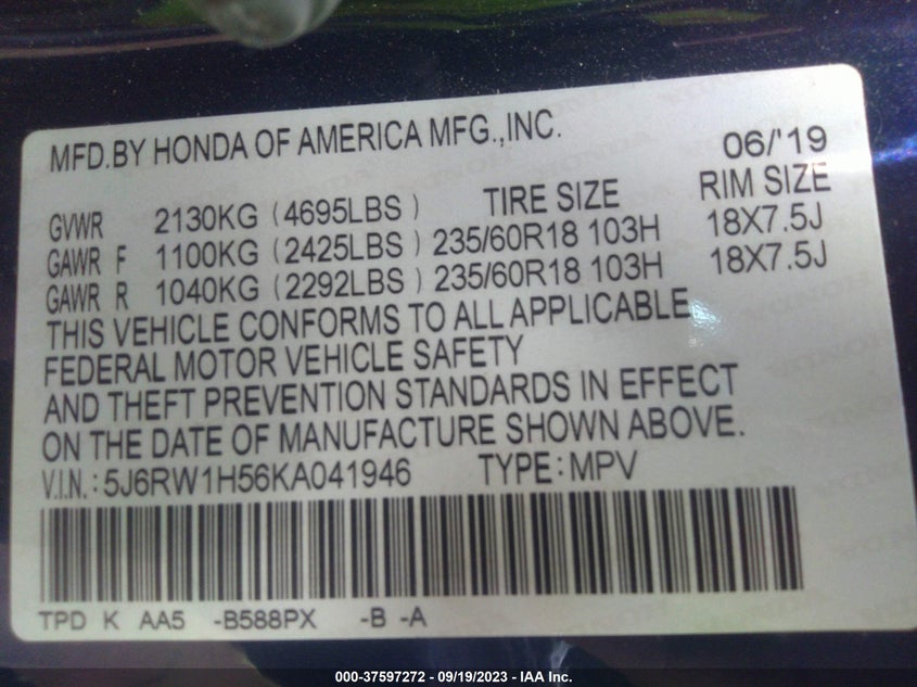 VIN 5J6RW1H56KA041946 2019 HONDA CR-V EX