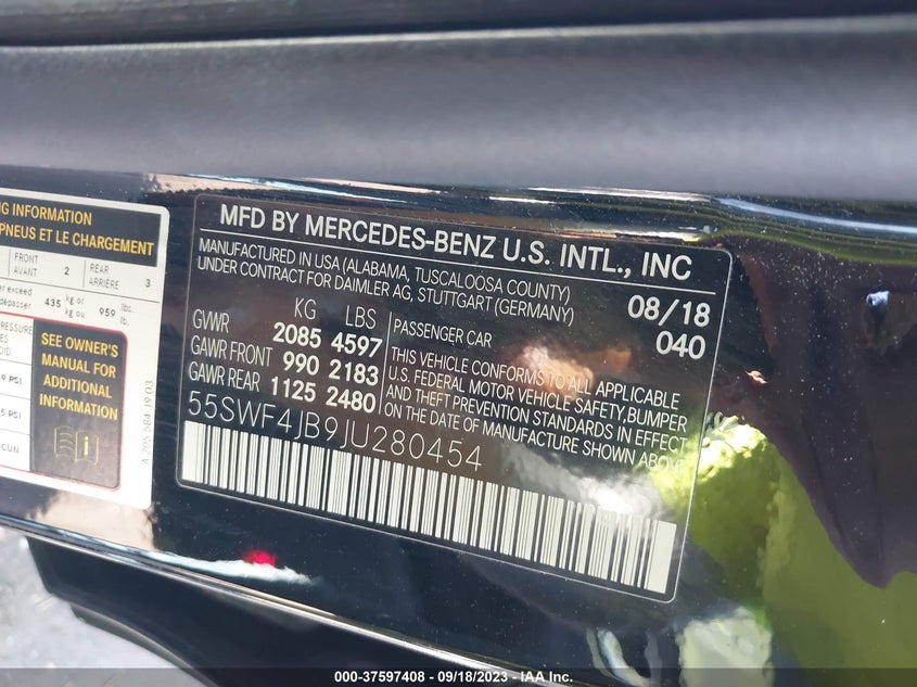 VIN 55SWF4JB9JU280454 2018 MERCEDES-BENZ C-CLASS C 300