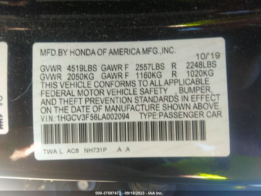 VIN 1HGCV3F56LA002094 2020 HONDA ACCORD HYBRID EX-L