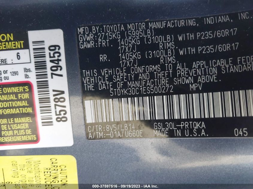 2014 TOYOTA SIENNA XLE/XLE AAS/LTD - 5TDYK3DC1ES500272