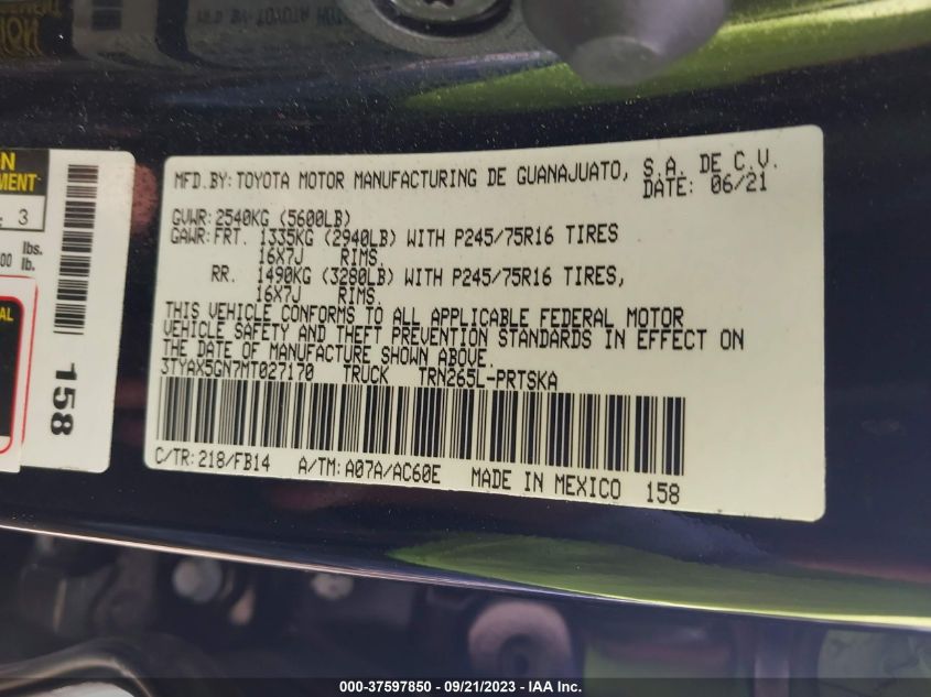 2021 TOYOTA TACOMA 2WD SR/SR5 3TYAX5GN7MT027170