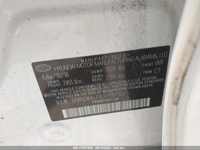 VIN 5NPD84LF8JH337327 2018 HYUNDAI ELANTRA SEL
