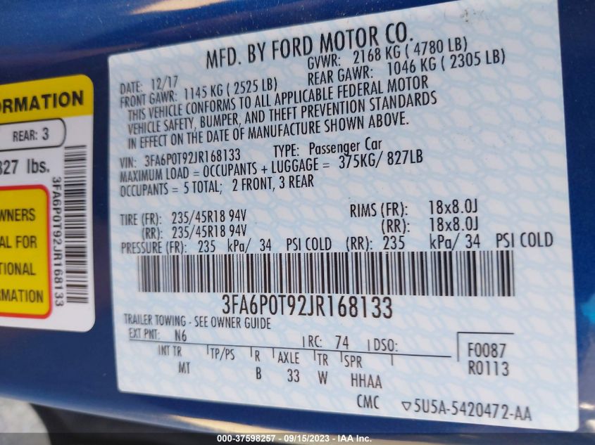 2018 FORD FUSION SE - 3FA6P0T92JR168133