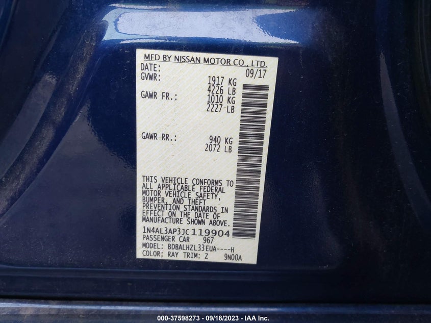VIN 1N4AL3AP3JC119904 2018 NISSAN ALTIMA 2.5 SR