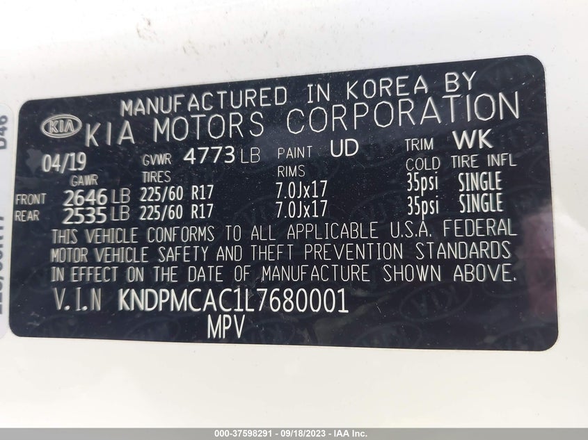 VIN KNDPMCAC1L7680001 2020 KIA SPORTAGE LX