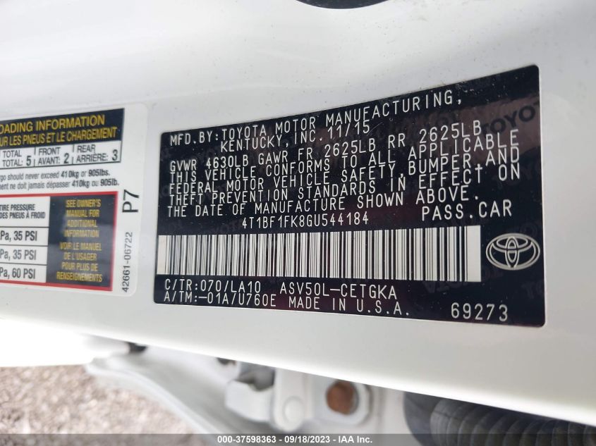 2016 TOYOTA CAMRY XLE/SE/LE/XSE - 4T1BF1FK8GU544184
