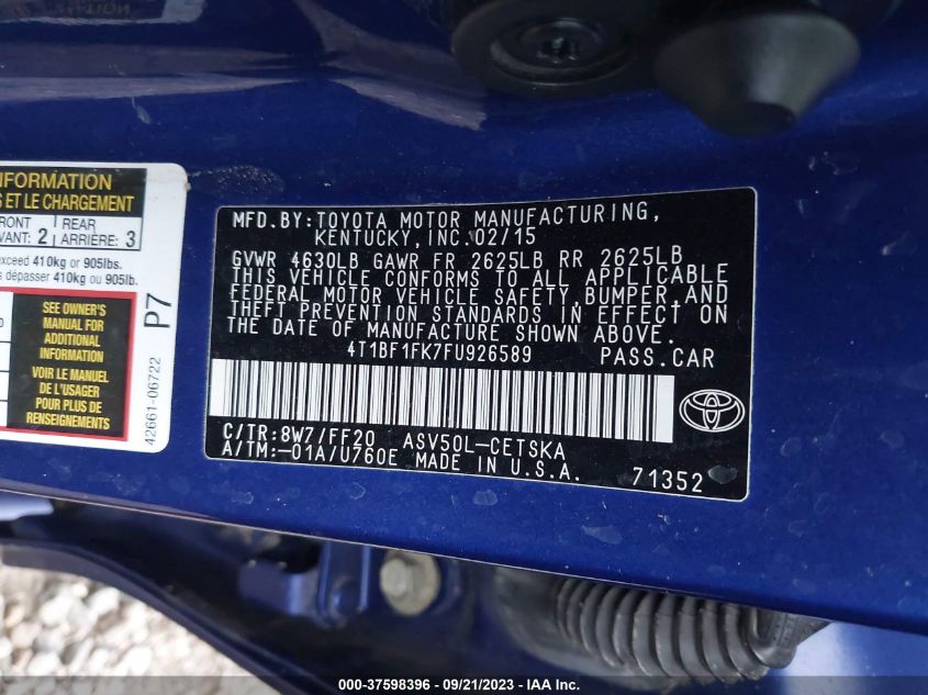 2015 TOYOTA CAMRY XLE/SE/LE/XSE - 4T1BF1FK7FU926589