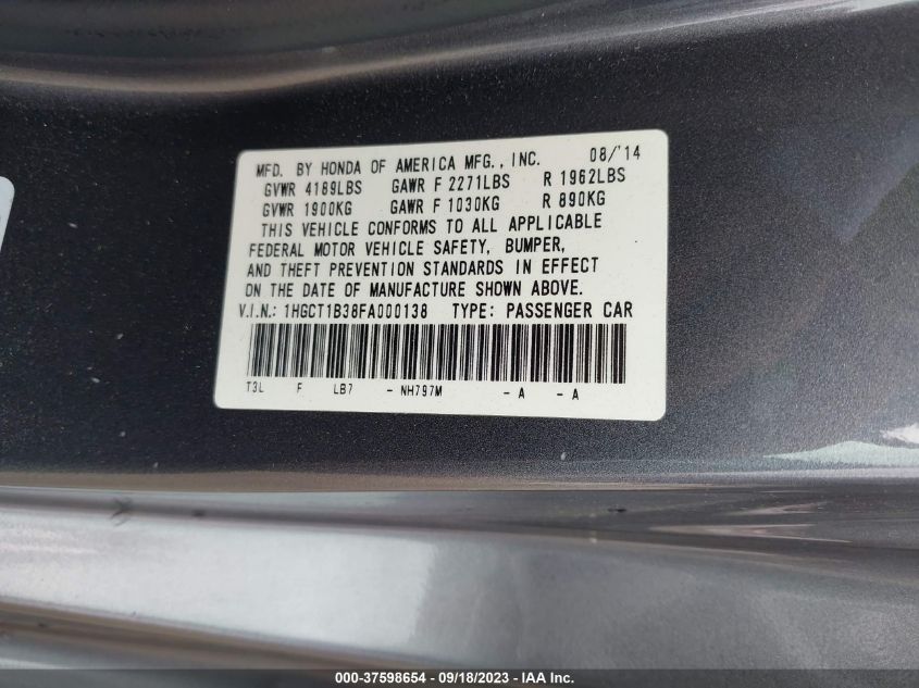 2015 HONDA ACCORD COUPE LX-S 1HGCT1B38FA000138