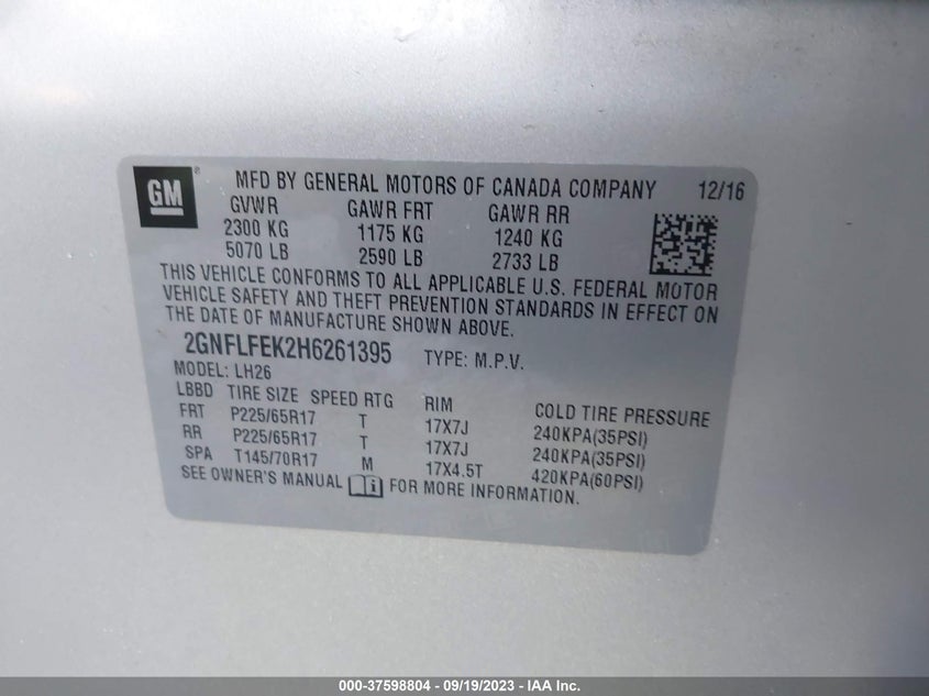 VIN 2GNFLFEK2H6261395 2017 CHEVROLET EQUINOX LT
