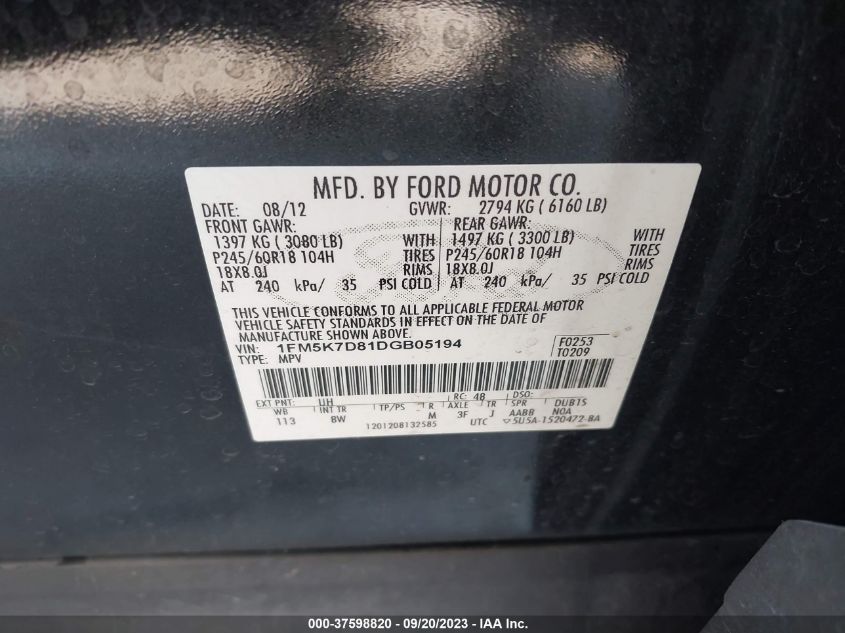 2013 FORD EXPLORER XLT - 1FM5K7D81DGB05194