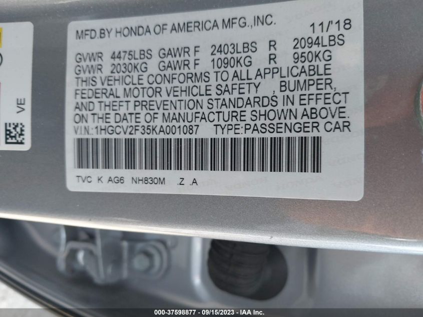 2019 HONDA ACCORD SEDAN SPORT 2.0T - 1HGCV2F35KA001087