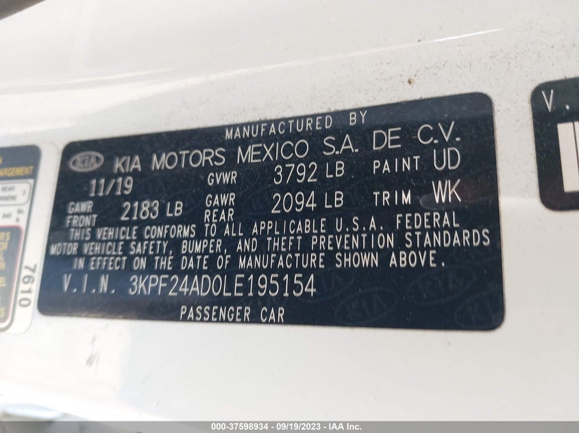 VIN 3KPF24AD0LE195154 2020 KIA FORTE LXS