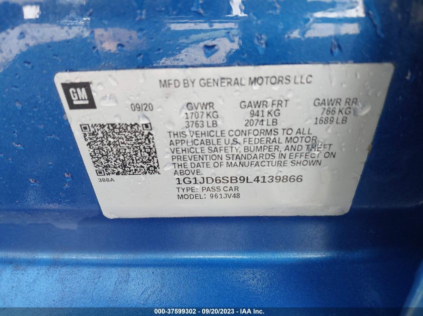 2020 CHEVROLET SONIC LT - 1G1JD6SB9L4139866