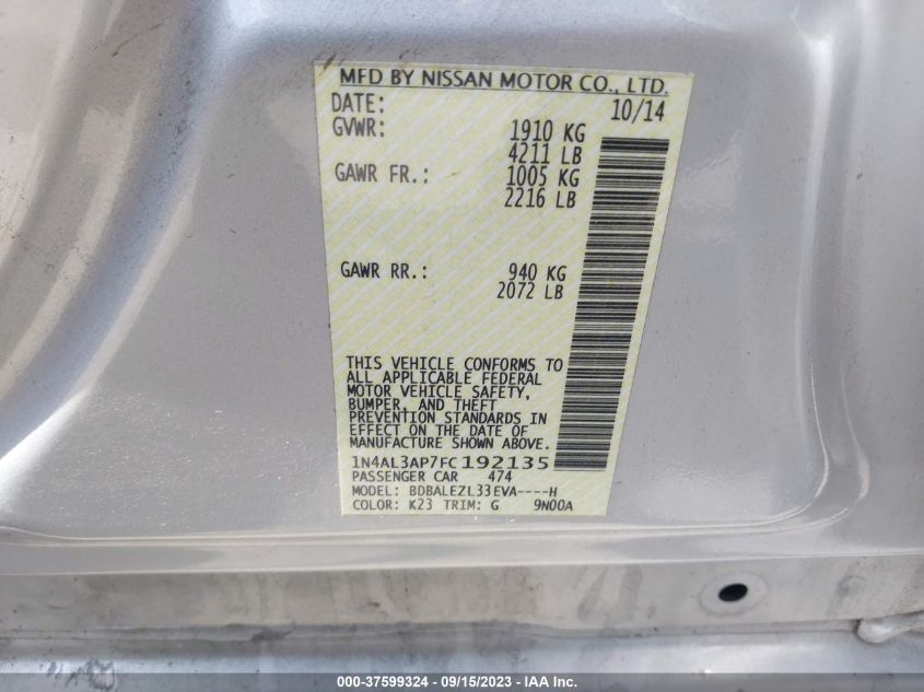 2015 NISSAN ALTIMA 2.5 S - 1N4AL3AP7FC192135