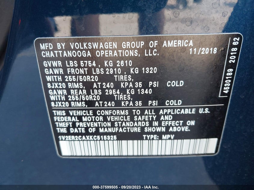 VIN 1V2ER2CAXKC515325 2019 VOLKSWAGEN ATLAS 3.6L V6 SEL