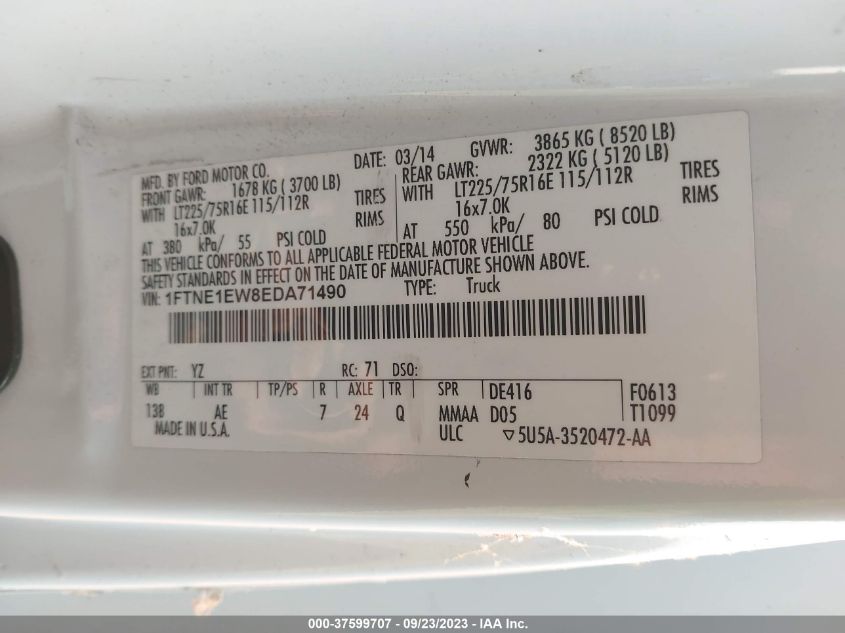 2014 FORD ECONOLINE CARGO VAN COMMERCIAL/RECREATIONAL 1FTNE1EW8EDA71490