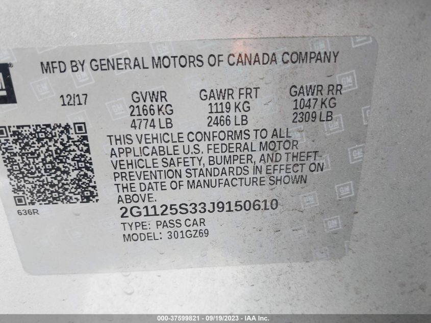 2018 CHEVROLET IMPALA PREMIER - 2G1125S33J9150610