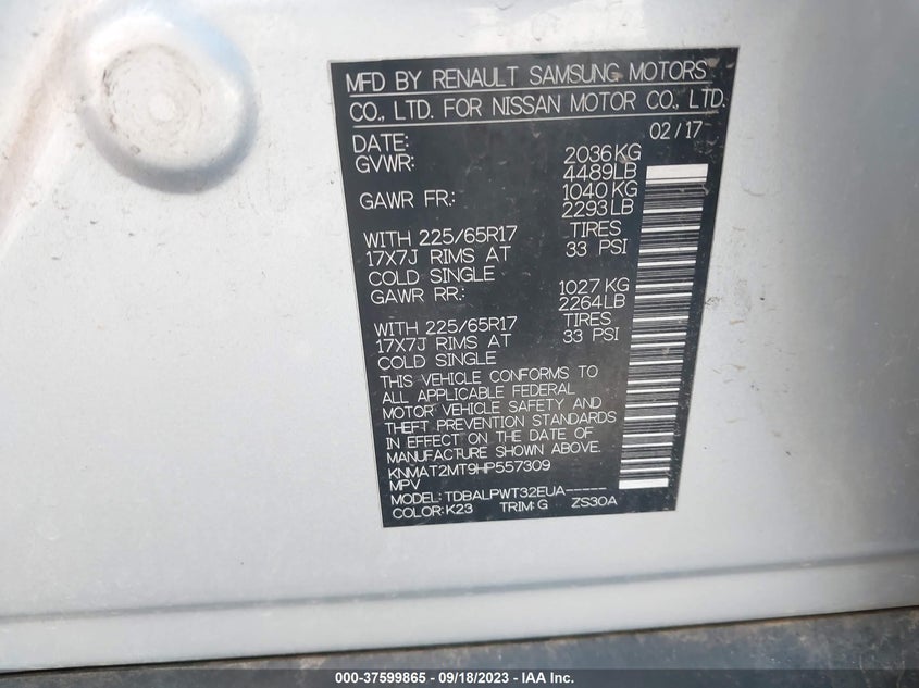 VIN KNMAT2MT9HP557309 2017 NISSAN ROGUE S