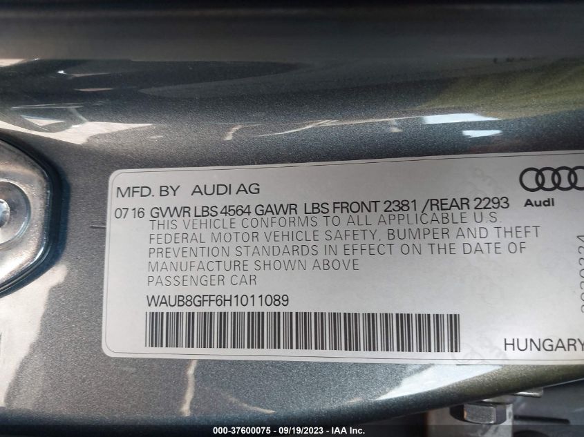 2017 AUDI A3 SEDAN PREMIUM - WAUB8GFF6H1011089