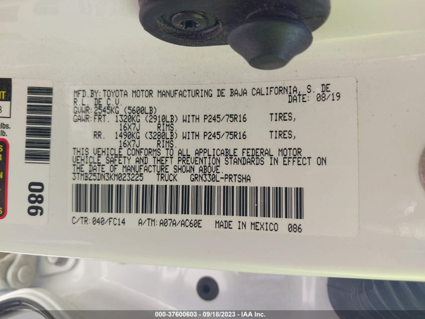 2019 TOYOTA TACOMA SR5 - 3TMBZ5DN3KM023225