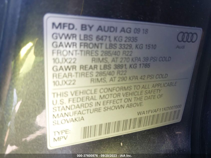 2019 AUDI Q8 PRESTIGE WA1FVAF11KD007000