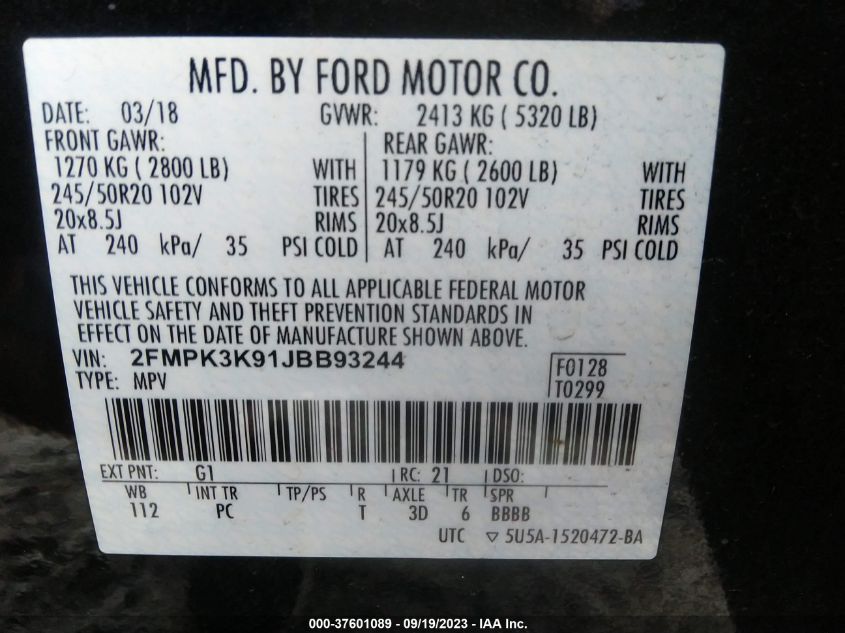 2FMPK3K91JBB93244 2018 FORD EDGE, photo no. 9