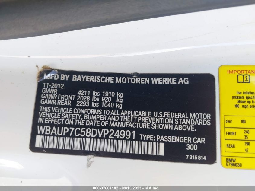 2013 BMW 1 SERIES 128I WBAUP7C58DVP24991