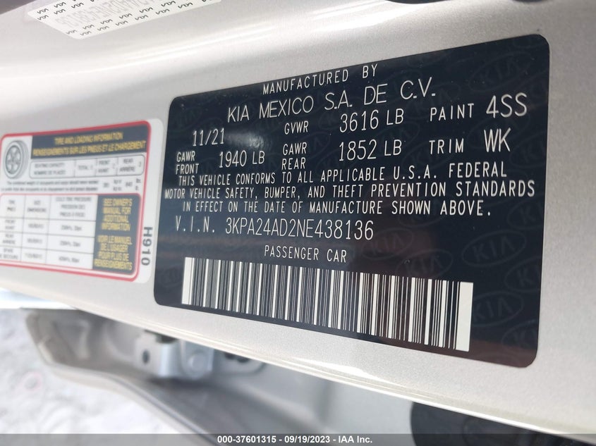 VIN 3KPA24AD2NE438136 2022 KIA RIO LX/S