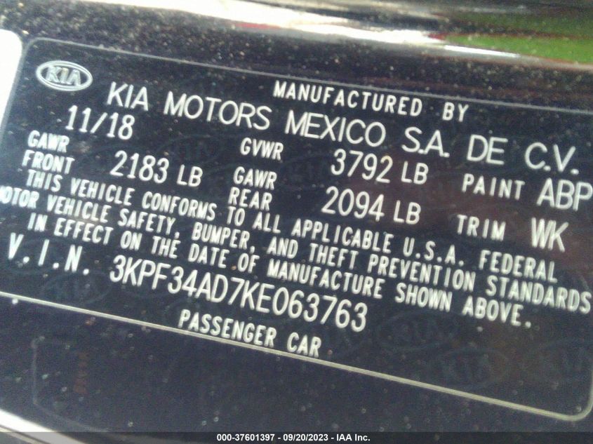 3KPF34AD7KE063763 Kia Forte S 9