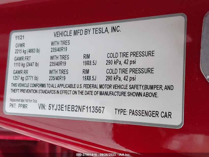 VIN 5YJ3E1EB2NF113567 2022 TESLA MODEL 3 LONG RANGE