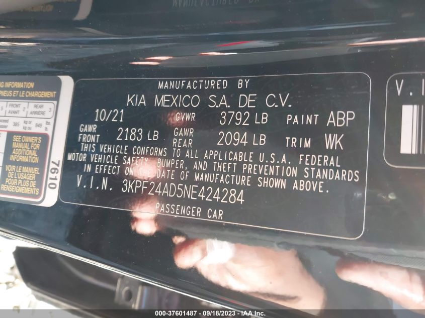 2022 KIA FORTE FE/LXS - 3KPF24AD5NE424284