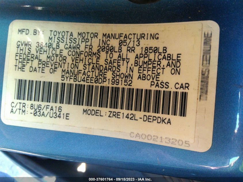 2013 TOYOTA COROLLA L/LE/S - 5YFBU4EE0DP199152
