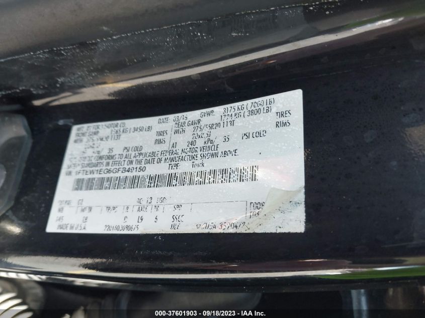 2016 FORD F-150 XLT/XL/LARIAT/PLATINUM - 1FTEW1EG6GFB49150