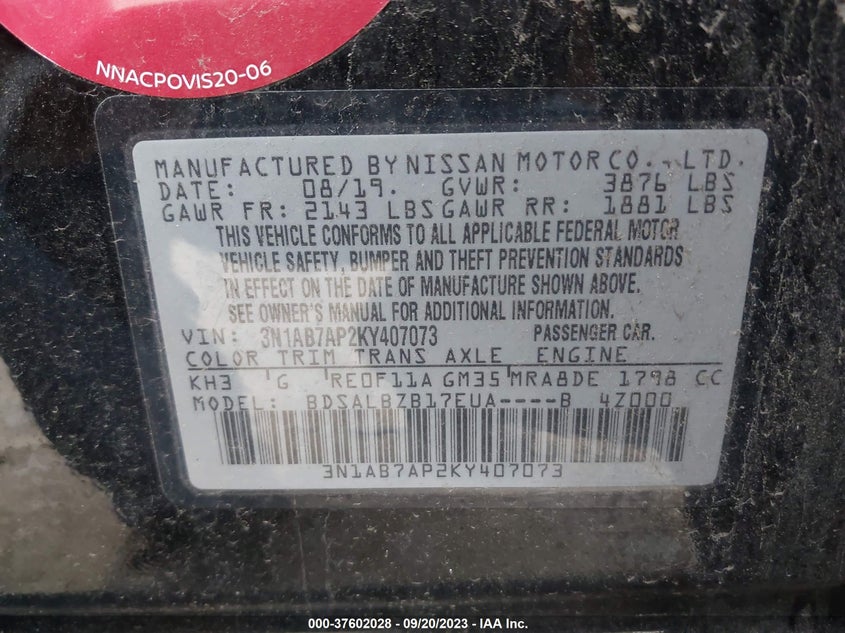 VIN 3N1AB7AP2KY407073 2019 NISSAN SENTRA S