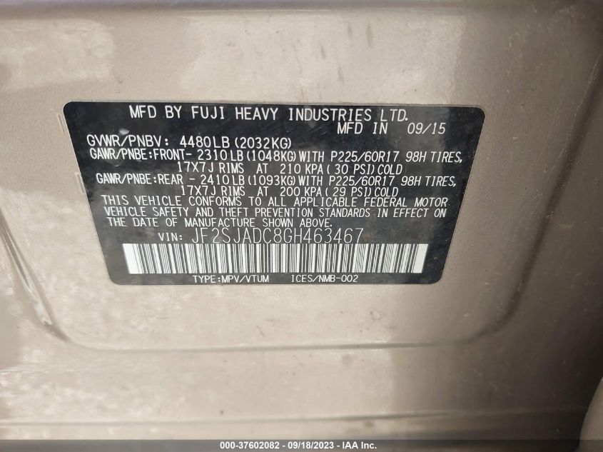 2016 SUBARU FORESTER 2.5I PREMIUM - JF2FJADC8GH463467